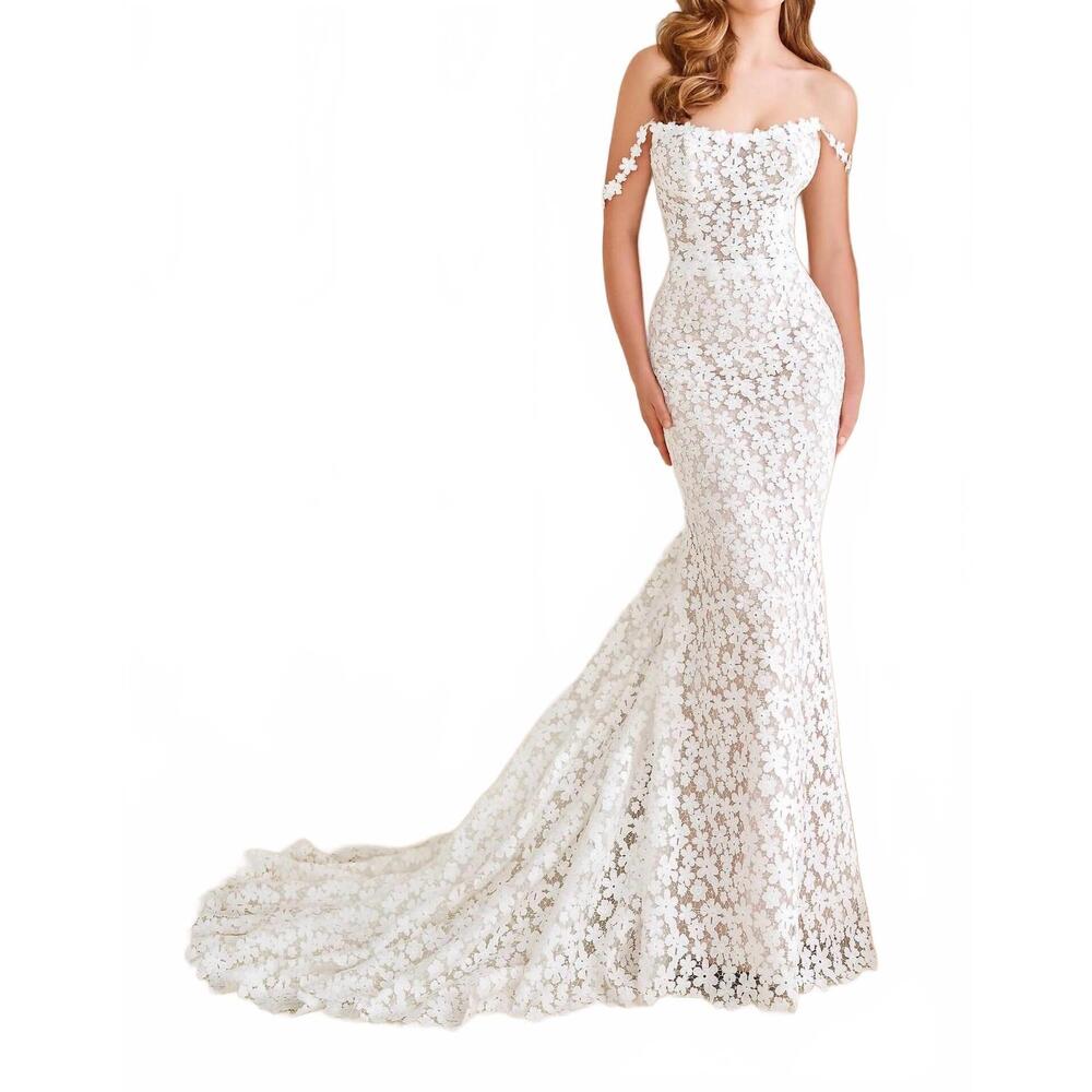 NEW ENCHANTING BY MON CHERI allover floral lace wedding dress in white